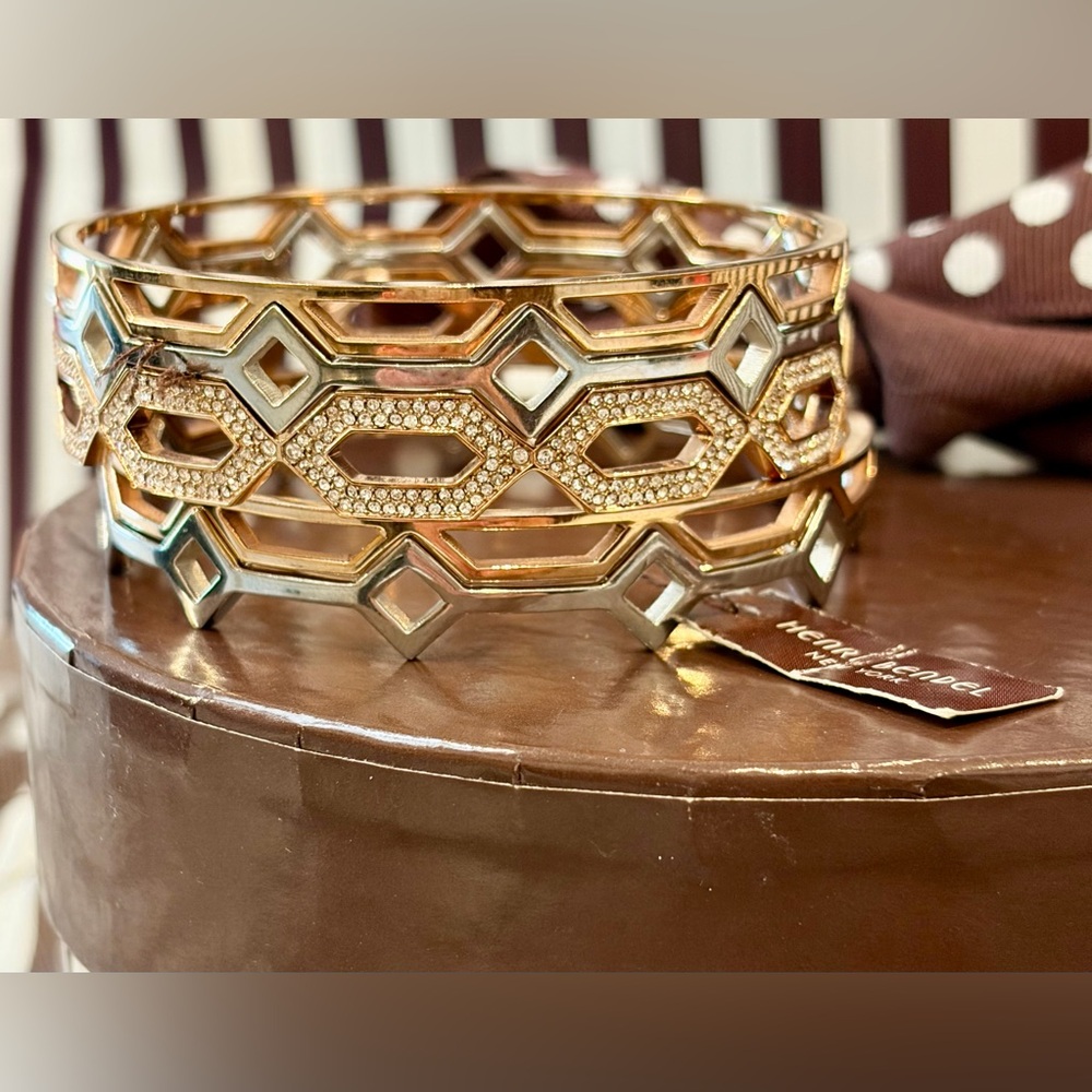 HENRI BENDEL Rose Gold/Silver-Tone Stackable Bangle Geometric/Honeycomb/Openwork - Picture 4 of 10